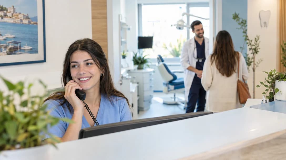 קבלה במרפאת שיניים בזמן שהטלפון מצלצל והמזכירה עם מטופל